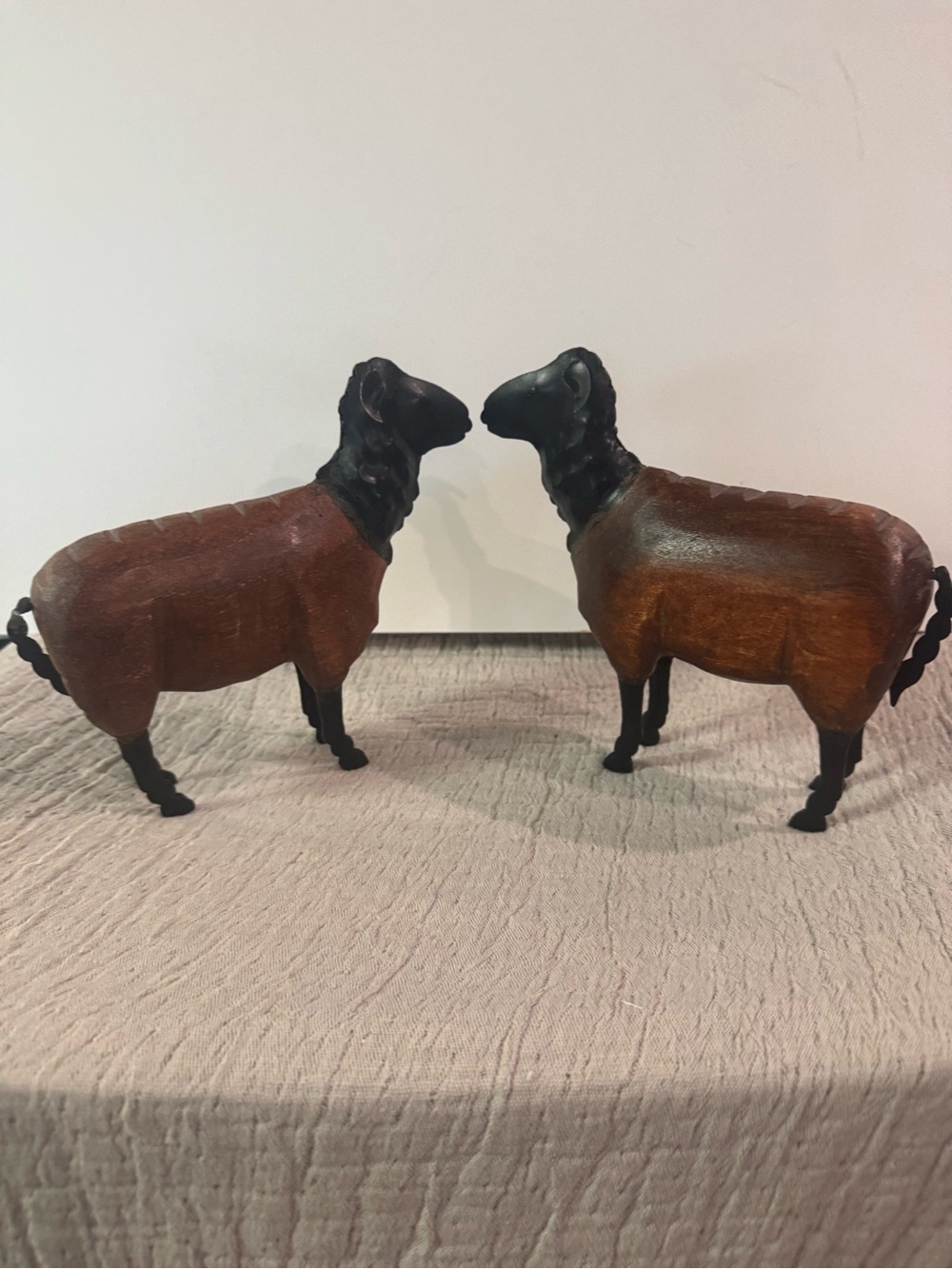 Pair (2) of Vintage Handcrafted Charles Marcak Wooden and Metal Sheep Figurines